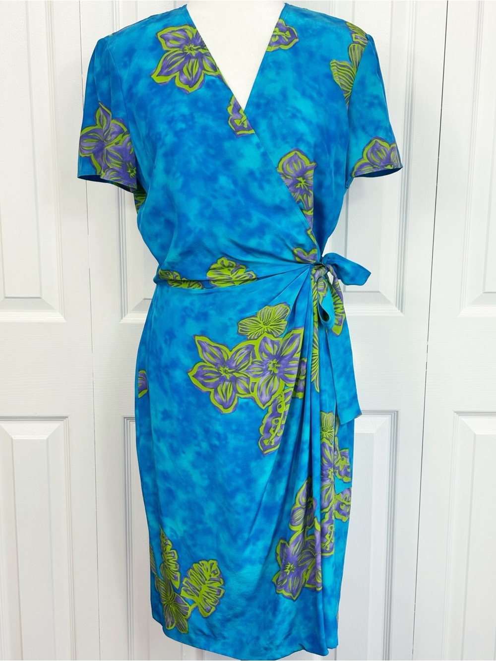 Vintage Maggy London Blue & Green Floral Silk True Wrap Sheath Dress 8